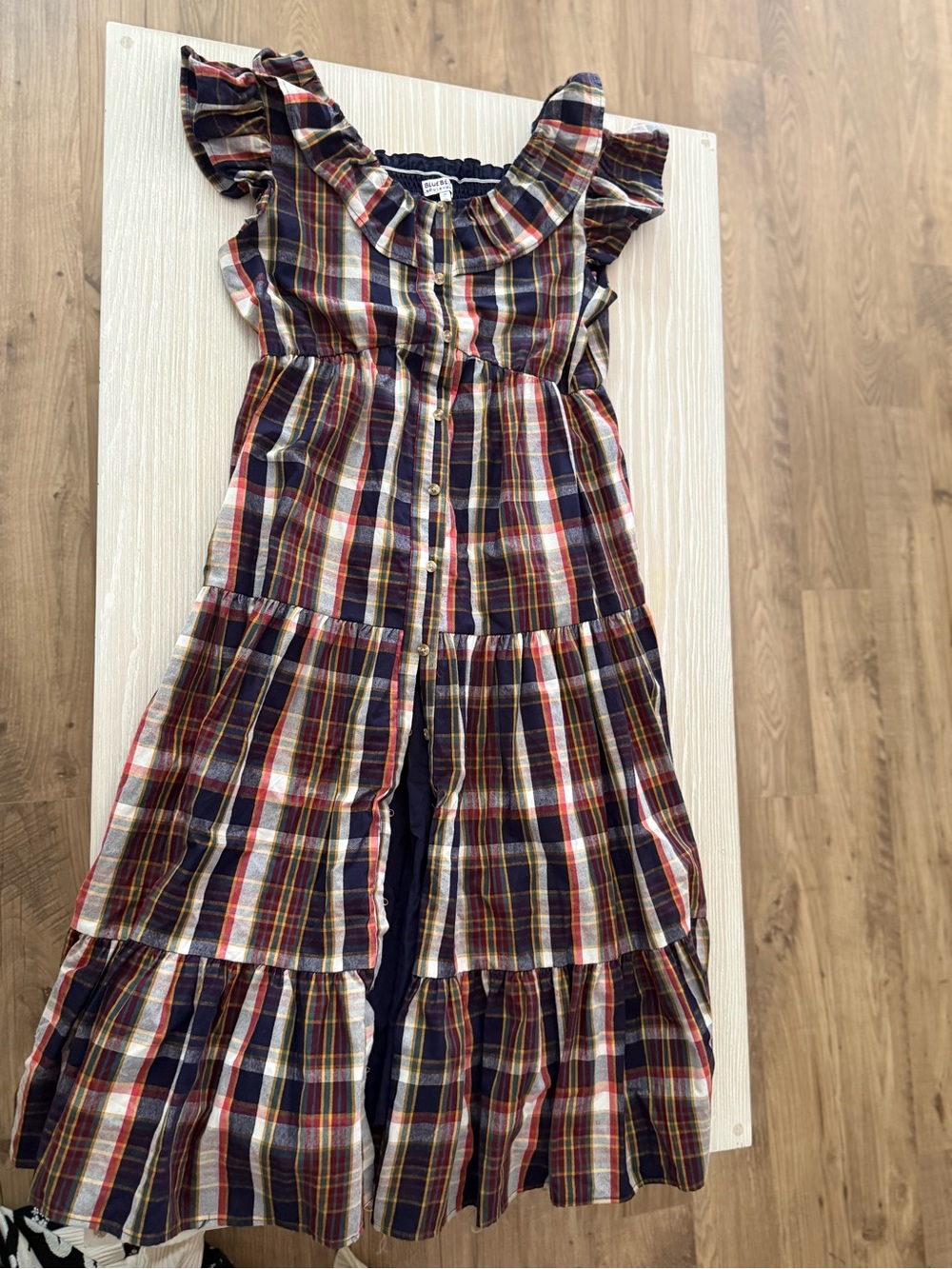 Blueberi Boulevard Navy, Red and Yellow Plaid Tiered Button-Front Dress